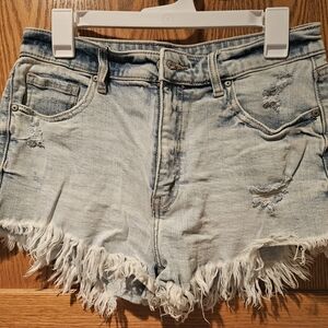 eunina Light Blue Distressed Fringe Hem Denim Shorts